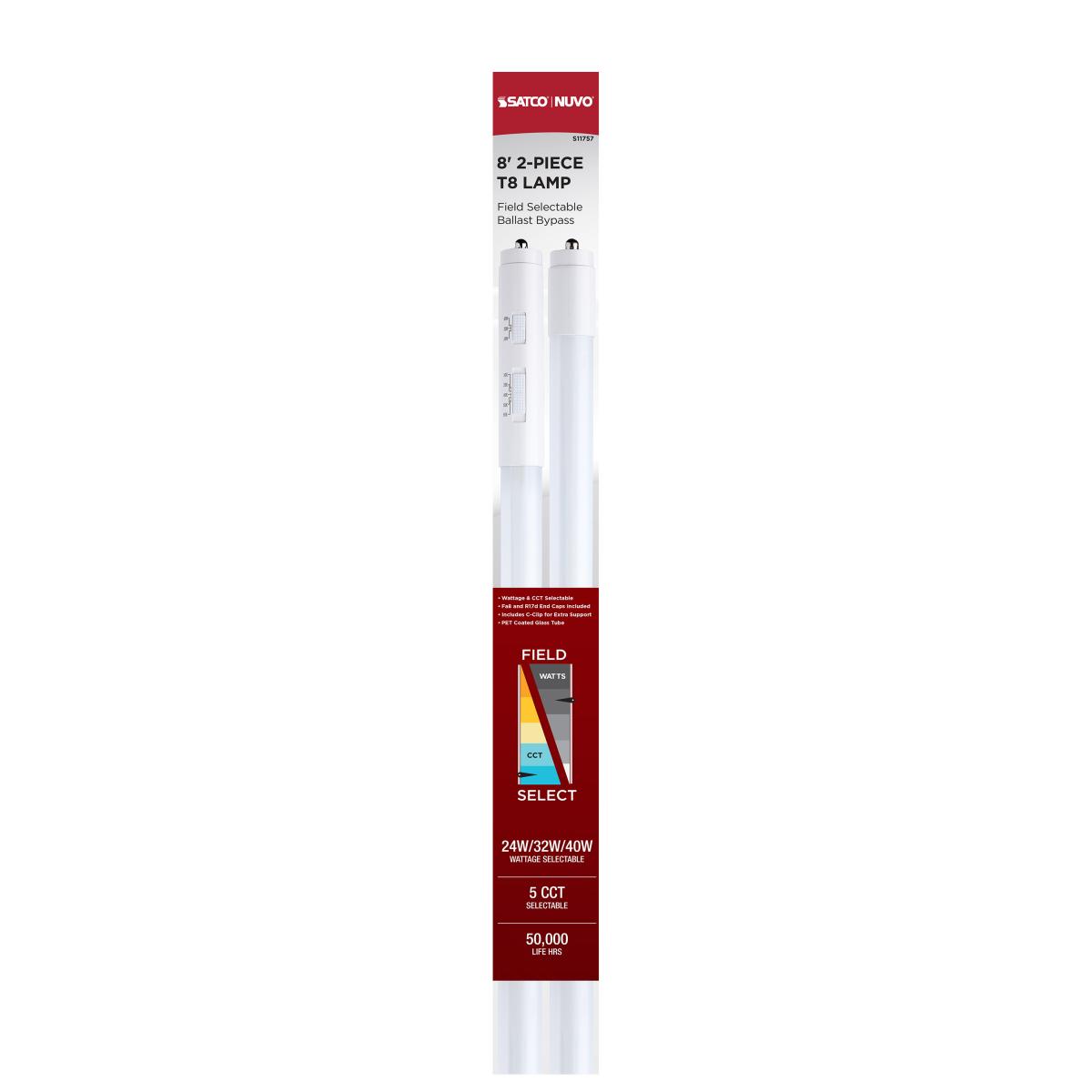 SAT S11757 24/32/40 WATTAGE SELECTABLE 8 FOOT T8 LED 30/35/40/50/65K CCT SELECTABLE 120-277 VOLT FA8 BASE TYPE B (SINGLE BOX RETAIL PACKAGE)