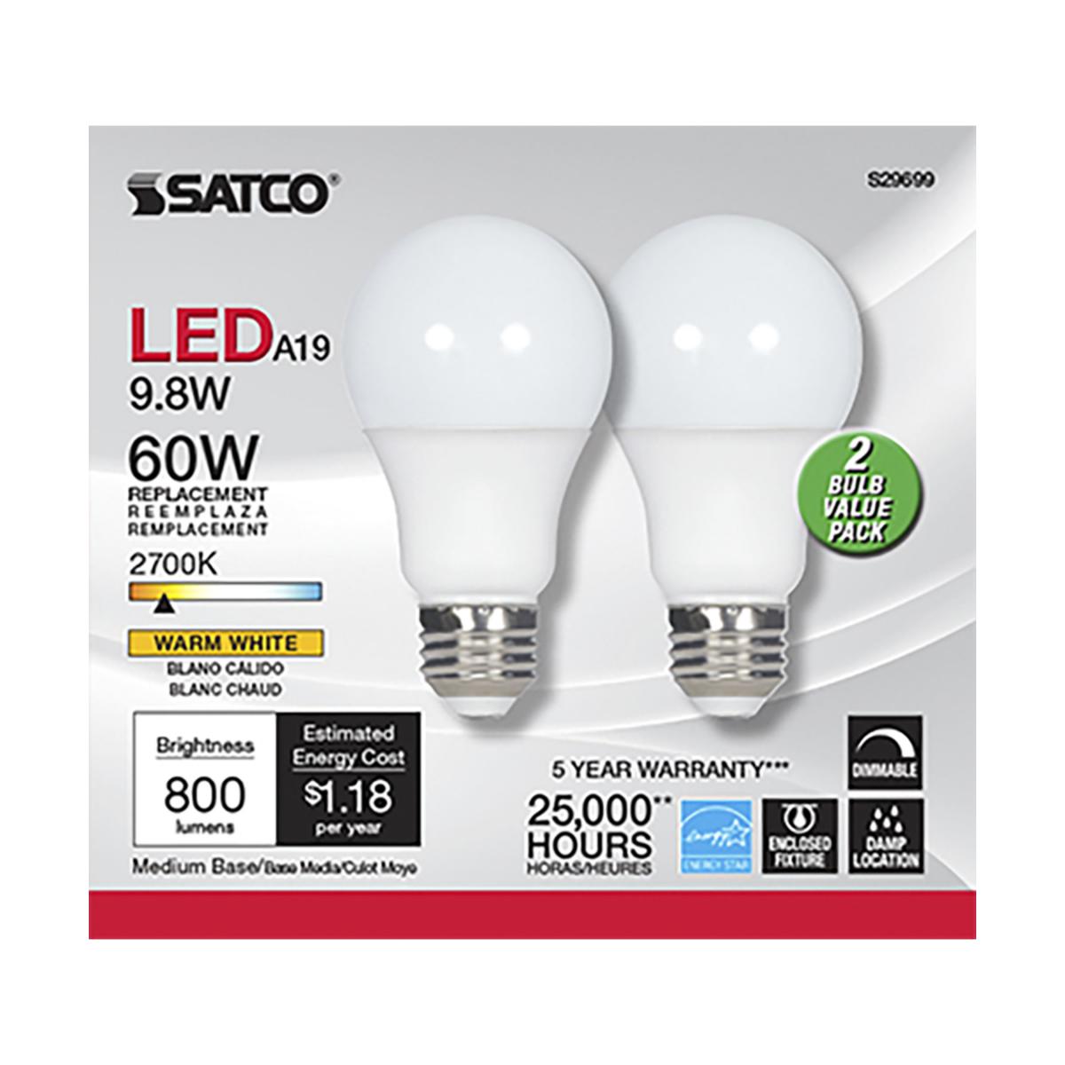 Satco 60W Equivalent Warm White Medium Base A19 Halogen Light Bulb 2-Pack 