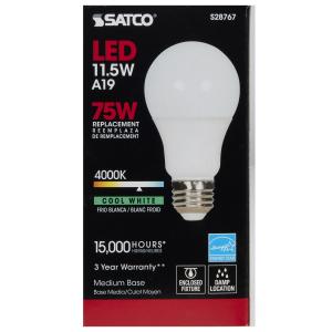 Satco Non-Dimmable 11.5 Watt, 120 Volt 4000K A-19 LED Bulb, Enclosed  Fixture Rated, 11.5A19/LED/40K/ND/120V